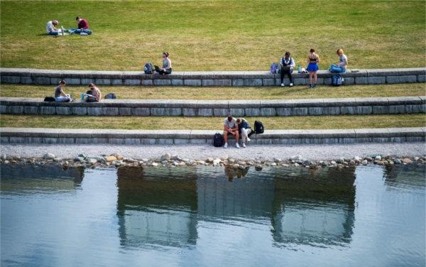 Students study and relax along a pond on a college campus. 