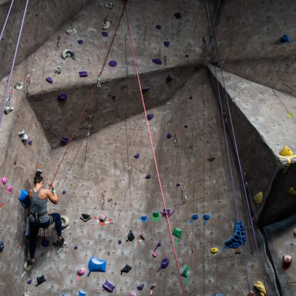 A person uses the climbing wall on Grand Valley's Allendale Campus.